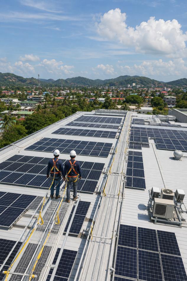 ผลงานติดตั้ง ท่าข้าวโรงสีพงษ์นิยม 100 kW — ตรวจแนวแผงบนหลังคาโรงงาน